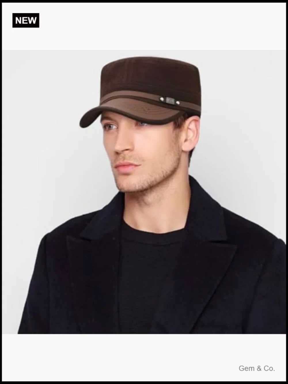 Twill Military Flat Top Cap Adjustable Cotton PU Leather Hat